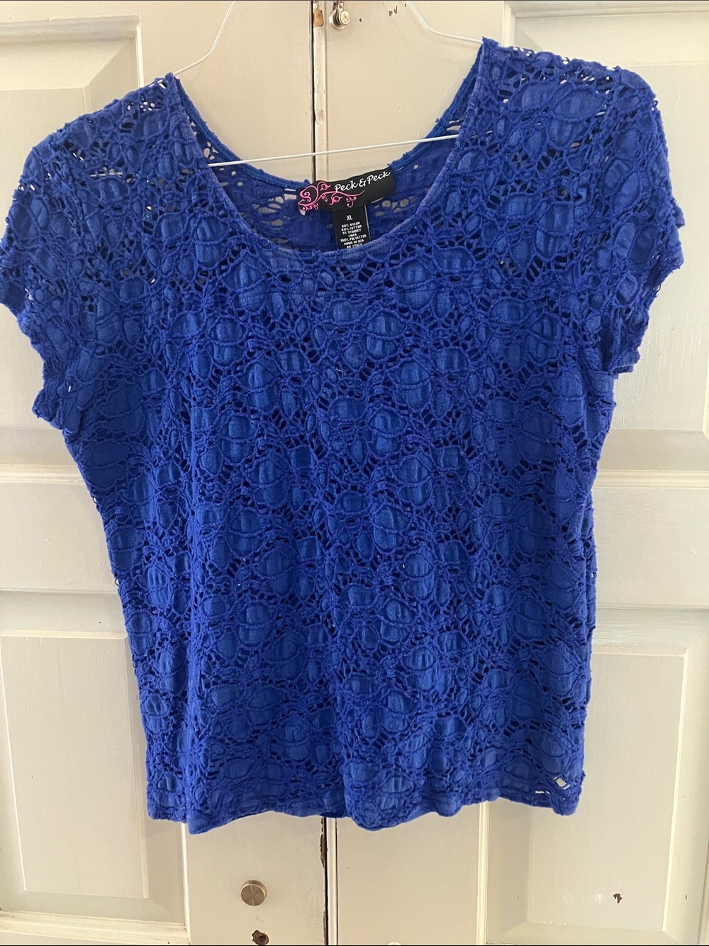 Peck & Peck Cobalt Blue Crochet Lace Short Sleeve Top